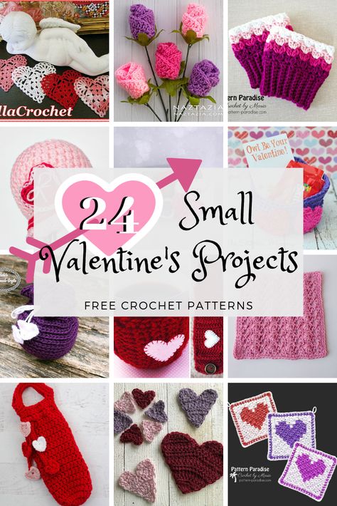 Make these fun small, quick Valentine's projects for someone you love. See the free collection on Pattern-Paradise.com #crochet #patternparadisecrochet #Valentinesday #love Knitting Valentines Day, Beginner Valentine Crochet, Easy Crochet Valentines, Free Crochet Pattern Valentines Day, Crochet Valentines Gifts For Him, Crochet Valentine Patterns For Kids, February Crochet Ideas, Crocheted Valentines Patterns, Quick Valentines Crochet