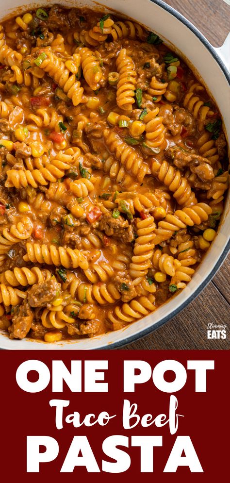 One Pot Taco Beef Pasta (from www.slimmingeats.com) - an easy yummy recipe that is cooked all in one pan. Cheesy spicy taco flavoured deliciousness!! #slimmingworld #weightwatchers #onepot #beef #pasta #taco Pasta Taco, Taco Beef, Minced Beef Recipes, Beef Pasta Recipes, Minced Meat Recipe, Spicy Tacos, Healthy Family Dinners, Easy Meat Recipes, Beef Pasta