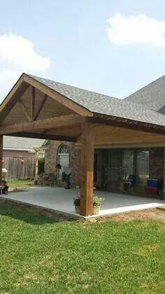 Ranch Style Back Porch Ideas, Patio On Ranch Style House, Outdoor Overhang Patio, Extended Back Porch Ideas, Back Porch Additions Covered Patios, Patio Behind Garage, Rustic Back Porch Ideas, Covered Concrete Patio Ideas, Covered Patio Ideas Attached To House