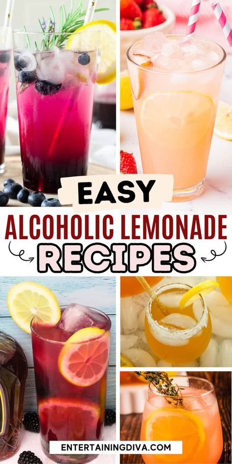 Easy Alcoholic Lemonade Recipes | Summer Cocktail Recipes Lemonade Liquor Drinks, Lemonade Cocktails For A Crowd, Drinks With Lemonade, Lemonade Alcohol Drinks, Alcoholic Lemonade, Alcoholic Lemonade Drinks, Summer Vodka Drinks, Easy Lemonade, Lemonade Cocktail Recipe