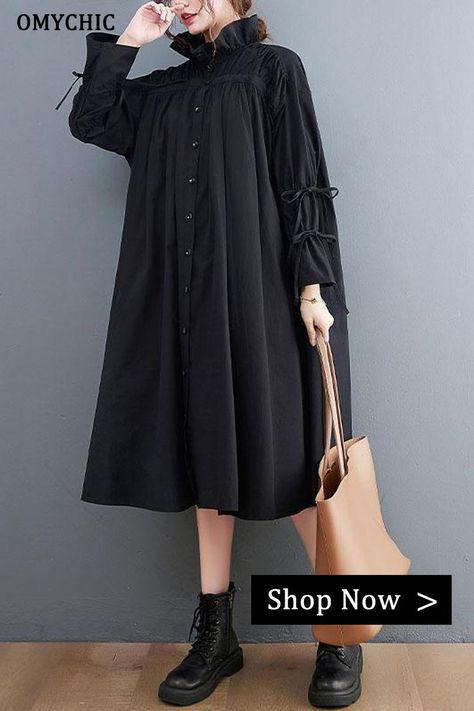 Women Black Ruffled Button Cotton Blouses Dresses Spring Tunik Modern Simple, Strega Fashion, Dark Mori, Dresses Spring, Spring Fabric, Comfortable Room, Solid Color Shirt, Midi Shirt Dress, Black Ruffle