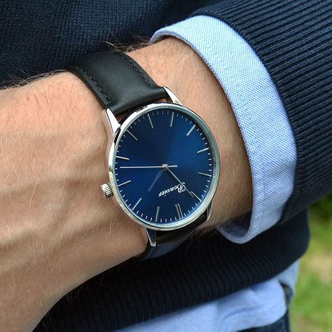 Classic Blue with 40 mm polished silver case, brushed navy blue dial and black leather strap. Free shipping worldwide - www.bonvier.com #bonvier #watch #watches Groom Watch, Blue Watches, Classic Blue, Daniel Wellington, Leather Watch, Leather Straps, Jam, Dream Wedding, Black Leather