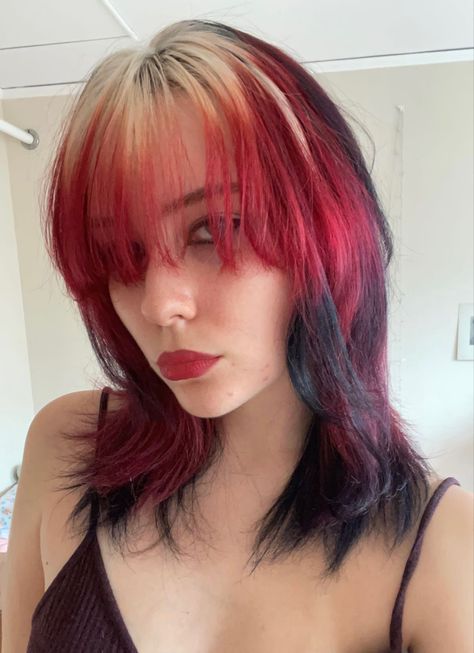 Ginger With Black Tips, Red Orange And Black Hair, White And Red Hair Color, Blonde Red Black Hair, Red Frosted Tips Hair, Blonde Roots Red Hair, Patchy Hair Dye, Black White And Red Hair, Red Hair Blonde Roots