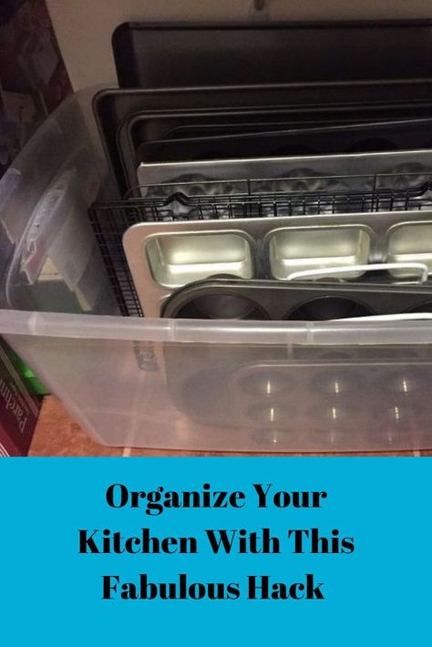 Tired of no place or how to store your cookie sheets, cooling racks and muffin pans? After seeing what she does with a plastic bin, you will never organize your kitchen stuff the same way again! #DIY #Organizing #Kitchen #Hack Diy Drawer Organizer, Food Storage Cabinet, Diy Organizing, Organizing Kitchen, Add A Room, Kitchen Hack, Cookie Sheets, Organize Your Kitchen, Beadboard Ceiling