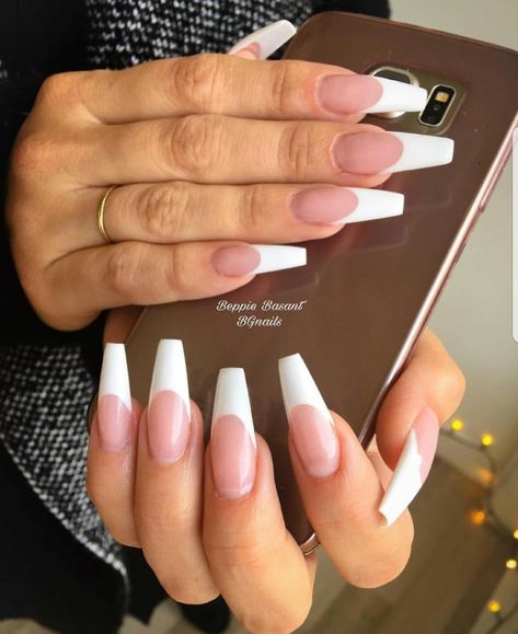 Long Coffin White French Tip Nails, Square French Tip Acrylic Nails Coffin, French Tip Gel X Nails Long, French Tip Nails Different Shapes, French Tips Coffin Long, Long Acrylic Nails Ballerina Shape, French Manicure Long Nails Coffin, Long White Tip Nails, White Tip Coffin Acrylic Nails