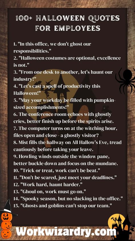 100+ Halloween Quotes For Employees To BOO-st them to Work 2 Halloween Quotes For Work, Quotes For Employees, Quotes For Work, Halloween Quotes, Leadership Quotes, Work Quotes, Holidays And Events, Halloween Themes, To Work