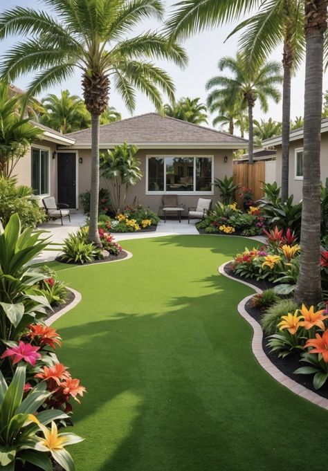 Patio Design Front Of House, Tropical Landscaping Front Yard Florida, Brentwood Oasis, Natural Garden Design, Home Front Yard, Mansion Garden, Palm Trees Landscaping, Tropical Landscape Design, Villa Garden