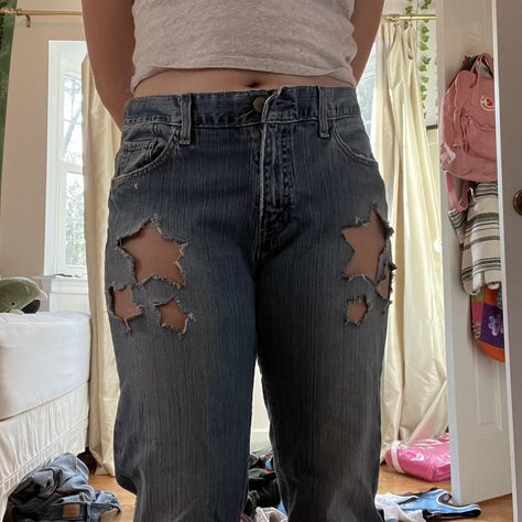 gap pencil cut stretchy jeans with star cut outs!... - Depop Pants With Hip Cutouts, Star Cutout Jeans, Distressed Star Jeans, Jeans With Star Patches, Star Patch Jeans, Jeans With Star, Star Cut Out, Stretchy Jeans, Cut Outs