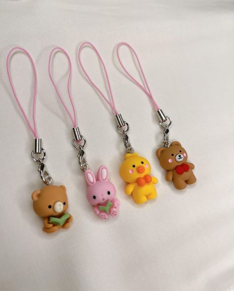 Cute Phone Charms, Bear And Rabbit, Cute Brown Bear, Pink Rabbit, Phone Charms, Yellow Duck, Mini Charm, Cute Charms, Phone Charm