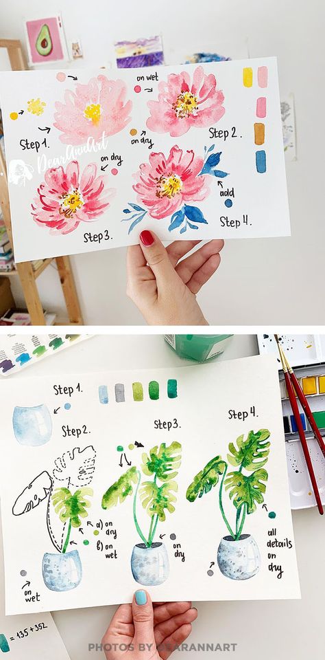 Watercolor Potted Plants Tutorial, Diy Botanical Watercolor, Basic Watercolor Flowers, Beginner Painting Watercolor, Easy Watercolor Plants, Watercolor Art For Beginners Step By Step Flowers, Watercolour Plants Simple, Watercolor Diy Tutorials, Diy Watercolor Flowers