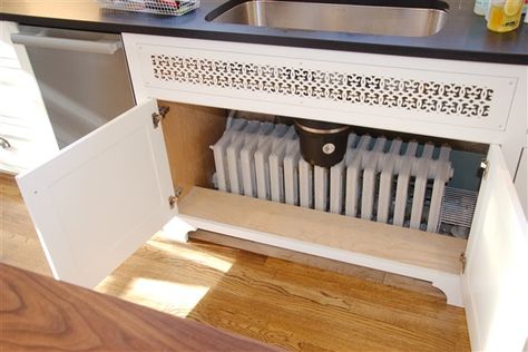 Peninsula Kitchen Ideas, Custom Radiator Covers, Kitchen Radiator, Hickory Kitchen, Old Radiators, Under Kitchen Sink, Design My Kitchen, Colonial House Exteriors, Inset Cabinetry