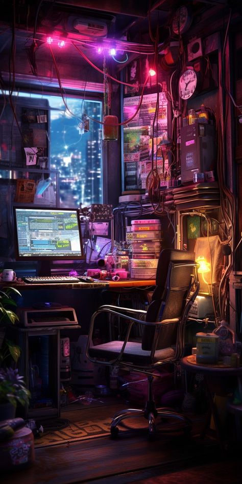 Late Stage Capitalism Aesthetic, Cyberpunk Workshop, Futuristic Workshop, Cyberpunk Office, Cyberpunk Bedroom, Cyberpunk House, Cyberpunk Apartment, Cyberpunk Interior, Cyberpunk Room