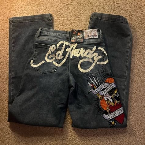 ed hardy wide leg jeans brand new with tags Thrift Clothes, Ed Hardy Jeans, Wide Legged Jeans, Dream Outfits, Swag Girl Style, People Clothes, Aesthetic Eyes, White Halter Maxi Dress, Ed Hardy