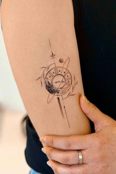 27 Unique Clock Tattoo Design Ideas to Inspire You Life Clock Tattoo, Prague Astronomical Clock Tattoo, Dainty Clock Tattoo, Time Tattoo Minimalist, Warped Clock Tattoo, Minimal Clock Tattoo, Moon Clock Tattoo, Clock Tattoo Minimalist, Fine Line Clock Tattoo