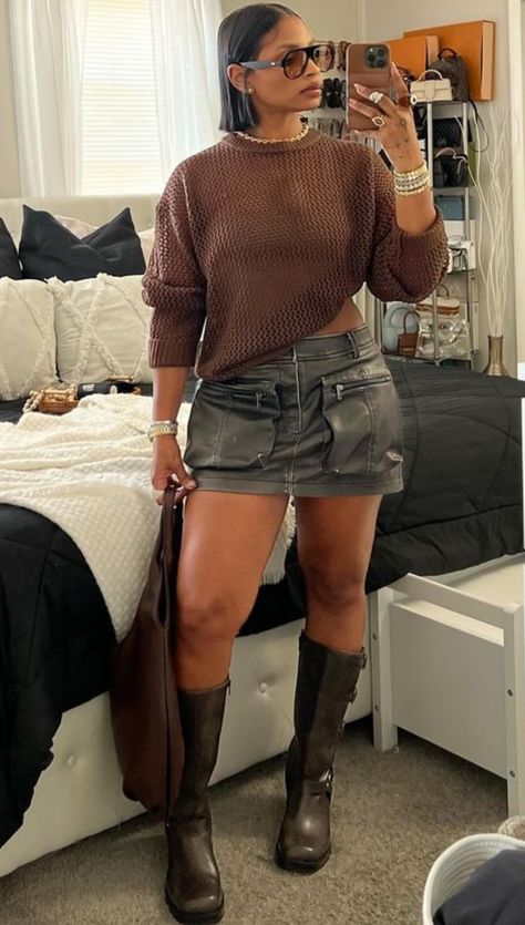 Going Out In Cold Weather Outfit, Fall Vineyard Outfits Black Women, Fall Bar Crawl Outfits, Fall Boots Outfit Black Women, Brown And Gold Outfits For Black Women, Baseball Hat And Heels Outfit, Brown Shark Boots Outfit, Day Party Outfit Black Women Fall, California November Outfits