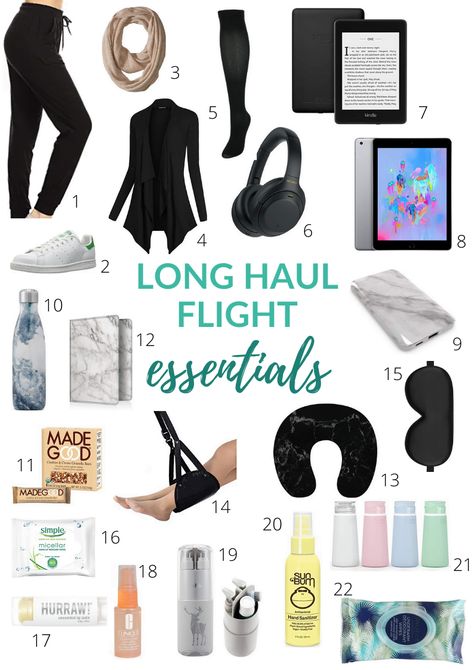 Discover all the must-have essentials for international travel and long haul flights. In this carry on packing guide, you'll find all the accessories and gadget you should pack to make your flight more comfortable. Long haul flights don't need to be stressful! Just use some of these travel tips and get a couple of these long haul flight essentials to be able to relax on the plane Plane Packing, Long Haul Flight Tips, Long Haul Flight Essentials, Traveling Packing, Flying Tips, Long Haul Flights, International Travel Essentials, Flight Tips, Flying Airplane