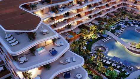 The Waves, Santa Eulalia, Ibiza by DNA B|Residential Building Mediterranean Hotel, Wave Hotel, Big Swimming Pools, Entrance Gates Design, Architectural Competition, Urban Fabric, Hotel Design, Structural Engineering, Hotels Design