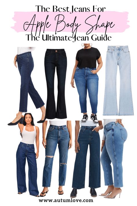 Apple Shape Flare Jeans, Mom Jeans For Apple Shape, Best Jeans For Body Type Apple, Best Jeans For Apple Shape, Apple Shape Jeans Outfit, Best Jeans For Apple Shaped Women, Apple Shape Jeans, Pants For Apple Shaped Women, Jeans For Apple Shaped Women