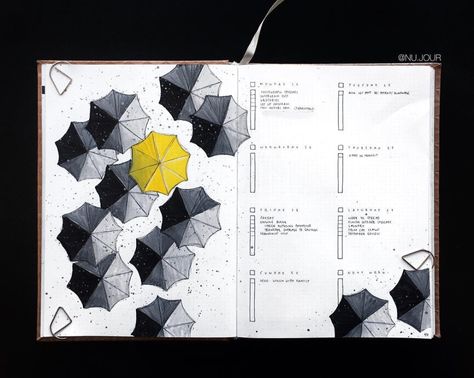 Fantastic bullet journal weekly spread idea. umbrellas and rain would be great for a spring bujo spread or for a great minimalist look #bulletjournal #bujoinspo #umbrella #weeklyspread April Bullet Journal, Bullet Journal 2020, Bullet Journal 2019, Bullet Journal Notes, Bullet Journal Mood, Bullet Journal Aesthetic, Bullet Journal Notebook, Diary Ideas, Bullet Journal Themes