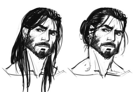 Man Bun Character Design, How To Draw Beards, Bearded Characters, Beard Drawing, 얼굴 드로잉, Men With Long Hair, 얼굴 그리기, Drawing Faces, Arte Sketchbook