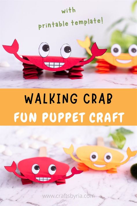 walking puppet crab craft for kids picture Crab Puppet, Crab Printable, Paper Crab, Lobster Crafts, Hermit Crab Crafts, Crab Craft, Diy Puppets, Rainbow Fish Crafts, Preschool Ocean