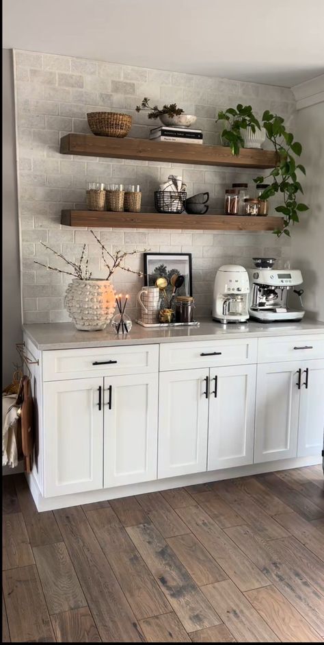 Butcher Block Countertops Basement Bar, Kitchen Pantry Piece Of Furniture, Floating Shelves Kitchen Blank Wall, C Kitchen Design, Coffee Nook In Dining Room, Kitchen Nook Bar Ideas, Farmhouse Black Accents, Formal Dining Room Floating Shelves, Dry Bar Ideas Dining Room