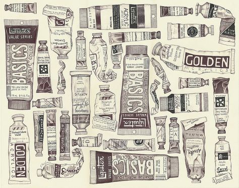 A drawing of Liquitex, Daniel Smith and Golden paint tubes #art #paint #tubes #artist #painting #painter #artmaterials #artsupplies Paint Tube, Pen Work, Art Alevel, Paint Tubes, Acrylic Artists, High School Art, Gcse Art, Ethereal Art, Lesson Ideas