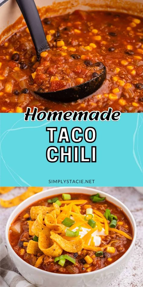 Taco Chili - The best Taco Tuesday recipe for soup season! Make this chunky taco soup with black beans, corn, green chiles, and a dollop of sour cream on top. Taco Chilli, Soup With Black Beans, Recipe For Soup, Taco Chili Recipe, Traditional Chili Recipe, Taco Tuesday Recipes, Stuffed Shrimp, Taco Chili, Black Beans Corn