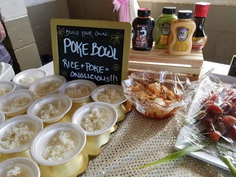 Poke Bar- with a DIY Poke Bowls station! #MauiSpecialtyBars Poke Party Ideas, Poke Bowl Station, Poke Bar Party, Poke Bowl Bar Party, Poke Bar Ideas, Poke Bowl Party, Poke Bowl Bar, Diy Party Bar, Pig Roast Party