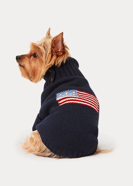 Flag Wool-Blend Dog Sweater Aesthetic Dog Stuff, Country Attire, Soft Dog, Dog Jumpers, Polo Ralph Lauren Sweater, Flag Embroidery, Dog Clothing, Ralph Lauren Purple Label, Dog Sweaters