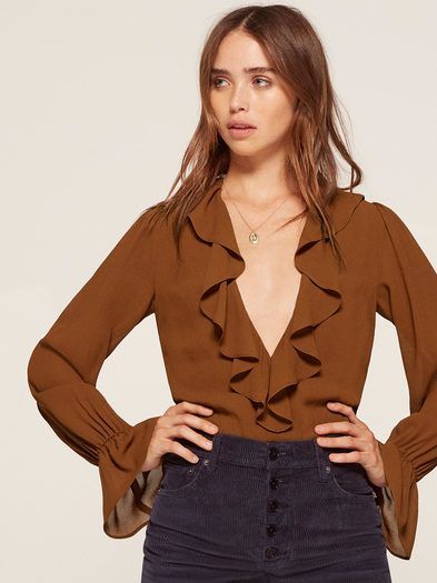 Bottomless options. This is an easy fitting bodysuit with a ruffle edged neckline and ruffled cuffs. 70s Fashion Outfits, Frilly Blouse, Cute Crop Tops, Photoshoot Outfits, Looks Style, Women's Summer Fashion, Womens Fashion Trends, Ethical Fashion, Look Chic