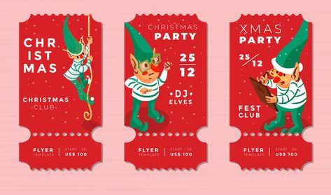 Nice Christmas themed set featuring three party tickets with snow and a cute elf in different activities. Each one can be used individually, enjoy! Christmas Ticket, Adobe Illustrator Art, Party Tickets, Christmas Flyer, Ticket Design, Christmas Graphics, Educational Projects, Work Inspiration, Xmas Party