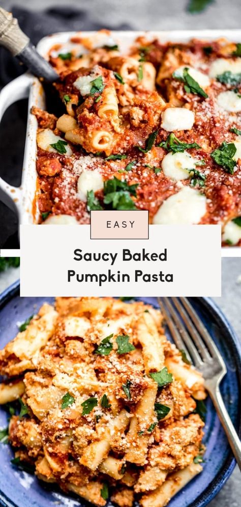 Saucy baked pumpkin pasta made with creamy pumpkin puree, ground turkey sausage, veggies, and layers of cheese. This easy, cheesy pumpkin pasta bake is a wonderful fall twist on traditional baked ziti! Use your favorite pasta for this comforting, lightened up pasta dish. Fall Pasta Bake, Pumpkin Pasta Bake, Pumpkin Pasta Recipe, Ground Turkey Sausage, Pumpkin Spice Recipes, Fall Pasta, Turkey Pasta, Cooking Light Recipes, Pumpkin Spice Recipe