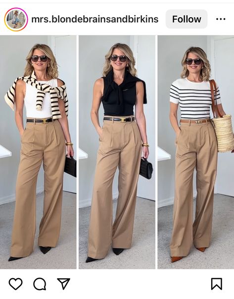 Tan Collared Shirt Outfit, Camel Pants Outfit Casual, Beige Tailored Pants Outfit, Light Beige Trousers Outfit, Beige Pantalon Outfit, Khaki Slacks Outfit Women, Camel Wide Leg Pants Outfit, Pantalon Camel Outfits Mujer, Beige Slacks Outfit