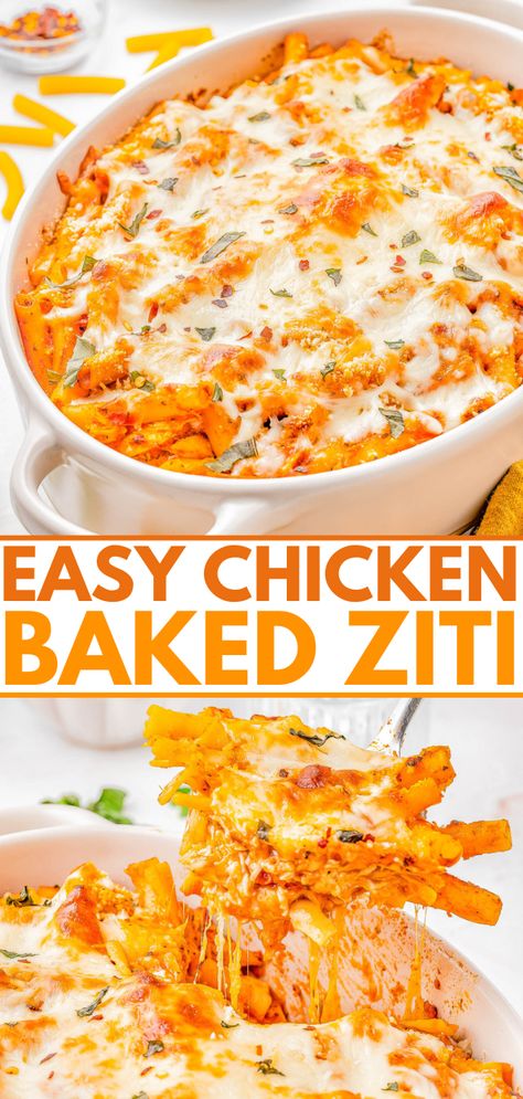 Baked Ziti with Chicken — A FAST and EASY pasta bake made with al dente ziti, juicy chicken, marinara sauce, and two types of CHEESE for the ultimate comfort food casserole! Ready in 45 minutes, perfect for weeknight dinners or casual family get-togethers, and picky eater approved! Use pasta that's in your pantry, a jar of marinara, rotisserie chicken, cheese, and you're set - nothing too fancy or complicated here and planned leftovers are a bonus!'s in your pantry, a jar of marinara, rotisserie Ziti With Chicken, Chicken Baked Ziti, Chicken Ziti, Easy Pasta Bake, Baked Ziti With Chicken, Chicken Marinara, Pasta Bake Easy, Food Reference, Chicken Baked