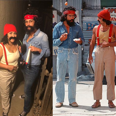 Chech And Chong Halloween Costumes, Pimp And Hooker Costume Couple, Cheech And Chong Costumes Women, Check And Chong Costume, Duo Halloween Costumes Ideas, Costumes With Beards, Bacon Halloween Costume, Diy Halloween Costumes For Work, Mayhem Costume