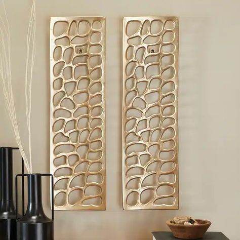 Gold Aluminum Metal Cutouts Abstract Home Wall Decor (Set of 2) - Bed Bath & Beyond - 38285586 Modern Wall Sculptures, Condo Decor, Dimensional Wall Decor, Glamour Decor, Gold Wall Decor, Metal Console Table, Metal Console, Dimensional Wall, Panel Wall