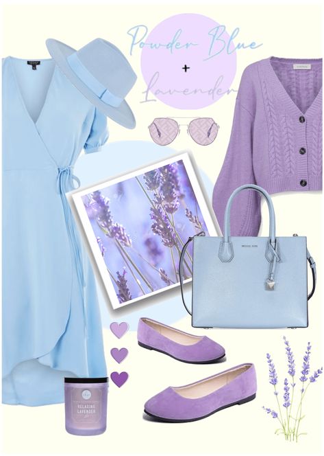 Purple And Sky Blue Combination Dress, Powder Blue Combinations, Light Blue And Purple Outfit, Powder Blue Color Combination Outfit, Lavender Color Palette Outfit, What To Wear With Lilac, Lilac And Blue Outfit, Powder Blue Outfit Color Combos, Lavender And Blue Outfit