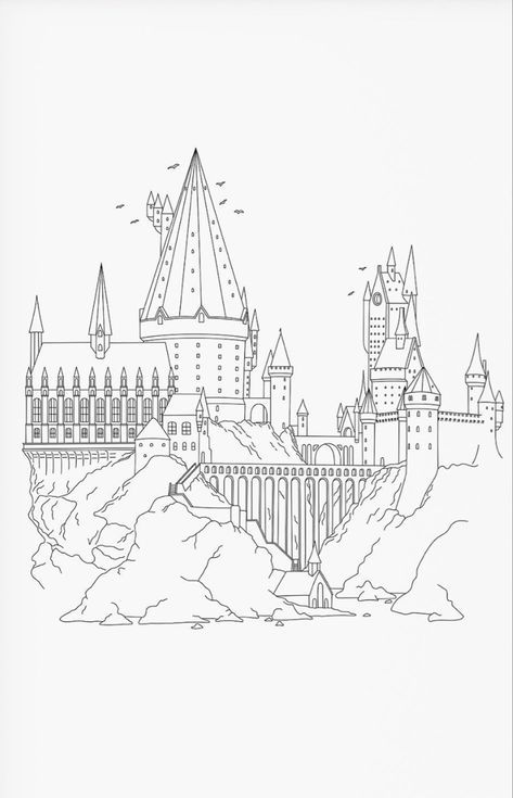 Outline Of Hogwarts Castle, Sketch Of Hogwarts Castle, Harry Potter Artwork Draw, Hogwarts Castle Coloring Page, Harry Potter Castle Sketch, Hogwarts Castle Line Art, Harry Potter Castle Drawing Easy, Hogwarts Pencil Drawing, Simple Hogwarts Drawing