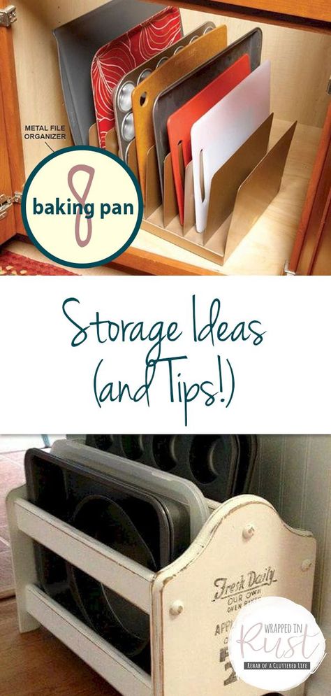 8 Baking Pan Storage Ideas (and Tips!) #Kitchenorganizationideascabinets Kitchen Tray Storage Ideas, Storage Ideas For Cookie Sheets, Organizing Cookie Sheets, Diy Sheet Pan Organizer, Diy Baking Pan Organizer, Organize Baking Pans, Diy Baking Sheet Organizer, Cookie Sheet Storage In Pantry, Baking Sheet Storage Ideas