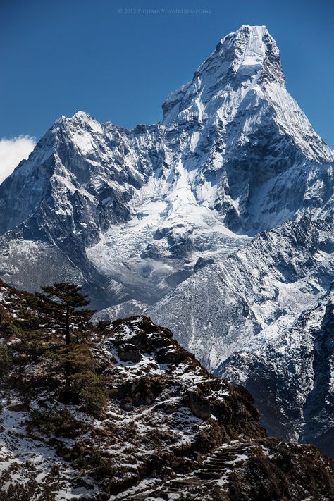 South Face of Ama Dablam... Sagarmatha National Park, West Nepal. Sagarmatha National Park is a protected area in the Himalayas of eastern Nepal containing the southern half of Mount Everest. The park was created on July 19, 1976 and was inscribed as a Natural World Heritage Site in 1979. Ama Dablam, Monte Everest, Rock Mountain, Magic Places, Pretty Views, Mountain Peak, Shaved Ice, The Himalayas, Beautiful Mountains