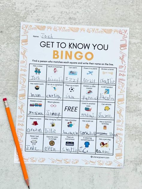 This Get to Know You Bingo game is a fun and engaging community building game, designed to break the ice and build relationships! Whether it's the first day of school, camp, church, or sports, participating in this fun activity will help children feel comfortable and excited to meet and learn alongside their new friends. Get the free printables below! Community Building Games, Friend Bingo, Ice Games, Bingo For Kids, School Camp, Back To School Art, Kids Literacy, Icebreaker Activities, First Day Of Class