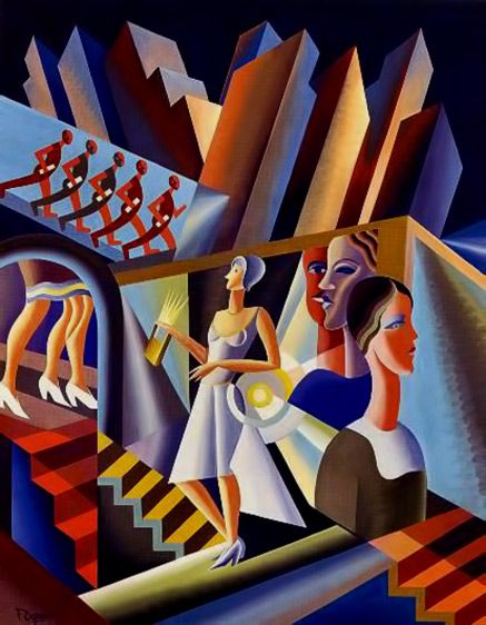 Women, stairs, skyscrapers, 1930, by Fortunato Depero (1892-1960). Gino Severini, Italian Futurism, Giacomo Balla, Umberto Boccioni, Futurism Art, Social Art, Art Movements, Italian Painters, Italian Art