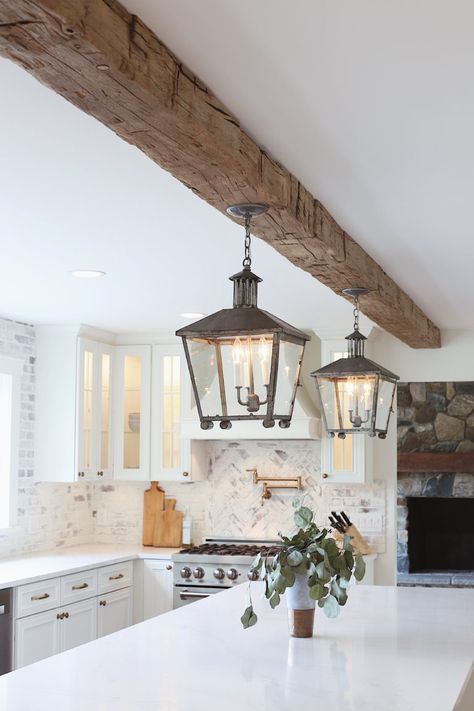 REAL ANTIQUE WOOD CEILING BEAM - Lindsay Marcella درج السلم, Wooden Beams Ceiling, White Wood Floors, Wood Beam, Wood Beam Ceiling, All White Kitchen, Wooden Ceilings, Antique Kitchen, Antique Wood