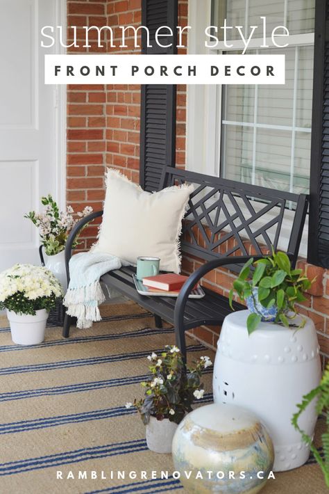 Front porch decorating ideas, summer decor, how to increase your curb appeal, easy exterior changes Front Porch Seating, Front Porch Bench, Front Porch Decorating Ideas, Veranda Design, Porch Bench, Porch Decorating Ideas, Summer Front Porches, Front Porch Design, Porch Makeover