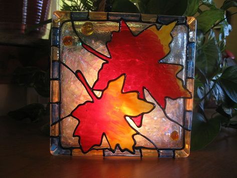 Lighted fall decoration from a glass block | Hometalk Craft Design Ideas, Painted Glass Blocks, Old Window Panes, Fall Blocks, Crafts Storage, Glass Block Crafts, Lighted Glass Blocks, Wood Craft Patterns, Stained Glass Light