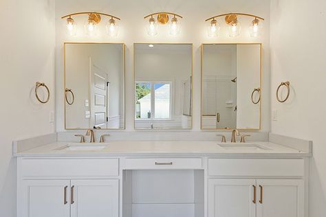 Bathroom Vanity With Three Mirrors, Triple Mirror Vanity Master Bath, Three Mirror Vanity Master Bath, Vanity With Makeup Area Double, Three Mirror Bathroom Vanity, Triple Vanity Bathroom, Double Vanity With Middle Cabinet, Bathroom Vanity Two Mirrors, Dual Sink With Makeup Vanity