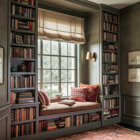 Small In Home Library Ideas, Window Bench Library, Bookshelves With Window In Middle, Below Window Bookshelves, Bookshelf In Wall Built Ins, Book Nook By Window, Over The Window Bookshelf, Window Bench Bookshelf, Window Nook Bookshelf