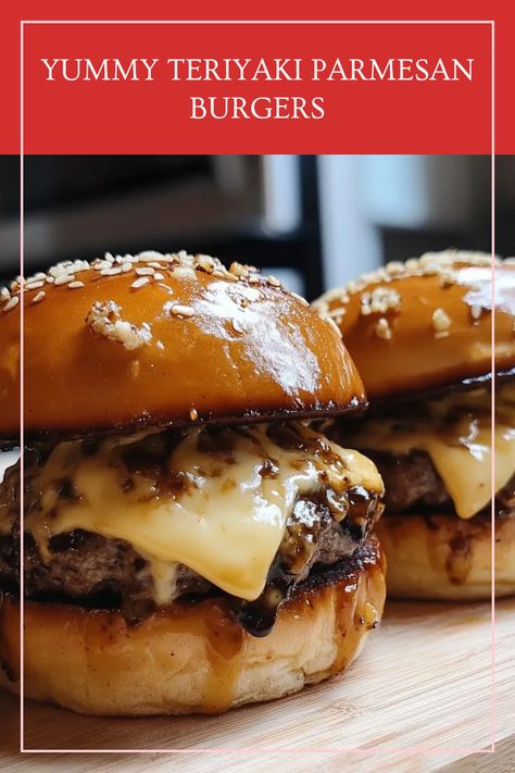 This pin showcases delicious Teriyaki Parmesan Burgers, topped with melted American cheese, perfect for any BBQ or dinner. Delicious and flavorful, they are an easy burger recipe everyone will enjoy. Teriyaki Burger, Unique Burger Recipes, Teriyaki Burgers, Unique Burgers, No Bake Pumpkin Cheesecake, Crispy Sweet Potato, Gluten Free Buns, Summer Grilling, American Cheese