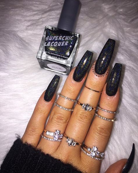 Black Sparkle Nails, Holo Nails, Milky Nails, Formal Nails, Sparkle Nails, Holographic Nails, Black Sparkle, Fire Nails, Pretty Acrylic Nails